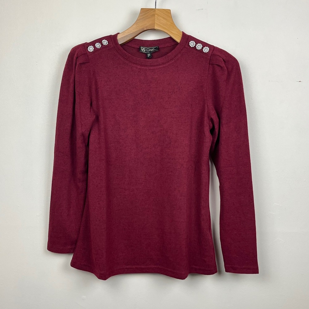 DG2 Diane Gilman Burgundy Puff Sleeve Rhinestone Embellished Top XS NEW